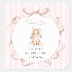 Schattig Konijn, Roze Strik, Roze Strepen, Eerste Vierkante Sticker