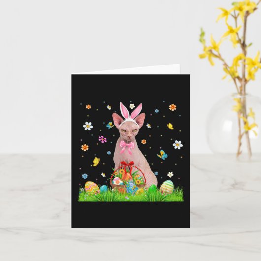 Schattig konijn Sphynx kat en Pasen eiermand Pasen Kaart (Gele Bloem)
