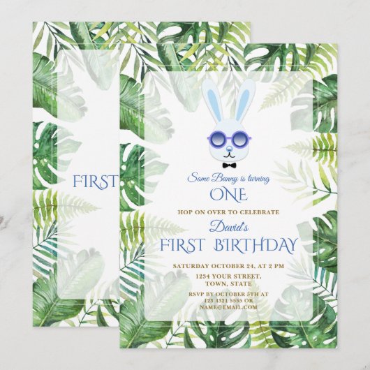 Schattig Konijn Tropische Groene Jongen 1e Verjaar Kaart (Voorkant / Achterkant)