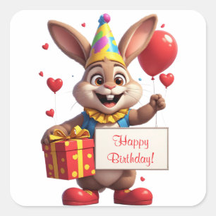 Schattig Konijn Verjaardag Met Cadeau En Bord 🐰 Vierkante Sticker