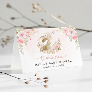 Schattig Konijn, Vlinder, Roze Bloemen, Baby Showe Bedankkaart
