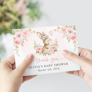 Schattig Konijn, Vlinder, Roze Bloemen, Baby Showe Bedankkaart