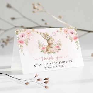 Schattig Konijn, Vlinder, Roze Bloemen, Baby Showe Bedankkaart