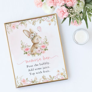 Schattig Konijn, Vlinder, Roze Bloemen, Momosa Bar Poster