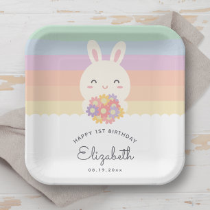 Schattig Konijn wordt één Regenboog Verjaardag Papieren Bordje