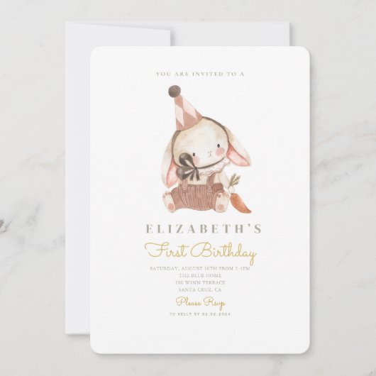 Schattig konijn & wortel eerste verjaardag 1e verj kaart (Voorkant)