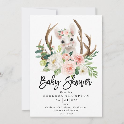 schattig konijnenkonijn rustig floraal modern baby kaart (Voorkant)