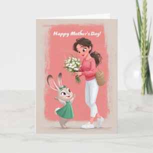 Schattig konijnenmeisje geeft Moederdagbloemen aan Kaart