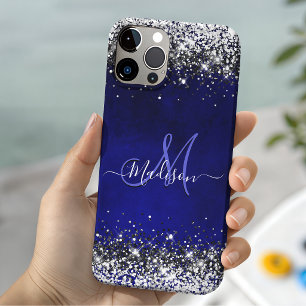 Schattig koningsblauw zilveren nepschitter monogra iPhone 16 pro hoesje