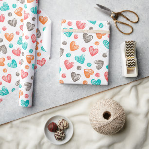 Schattig Koraal Rood Roze Aqua Blauw Hart Kunst Pa Cadeaupapier