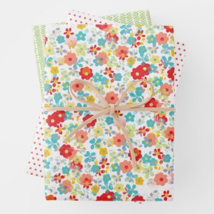 Schattig koraalrood roze aquablauw bloemmotief inpakpapier vel