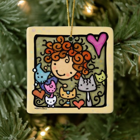 schattig krullend meisje houdt van katten keramisch ornament (Boom)