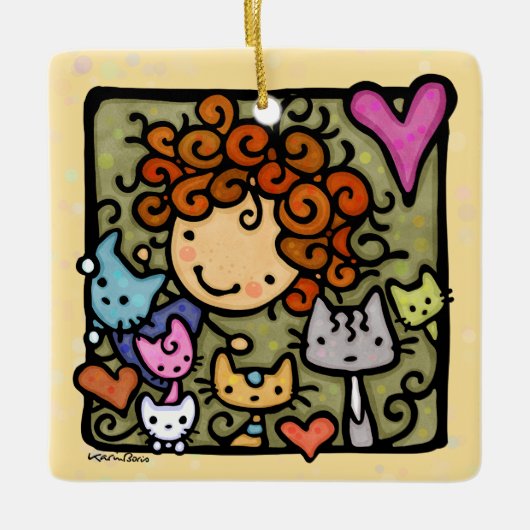 schattig krullend meisje houdt van katten keramisch ornament (Voorkant)