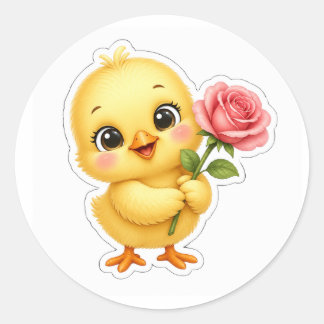 Schattig Kuiken met een Roos – Aardige Baby Kip  Ronde Sticker