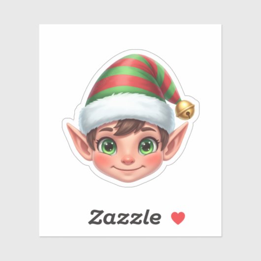 Schattig Lachend Kerstelfengezicht met Rood-Groene Sticker (Vel)