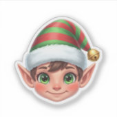 Schattig Lachend Kerstelfengezicht met Rood-Groene Sticker (Voorkant)