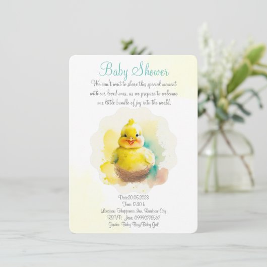 Schattig lachende baby kip save the date (Staand voorkant)