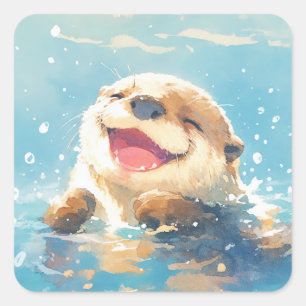 Schattig Lachende Baby Otter Spetterend in Water Vierkante Sticker