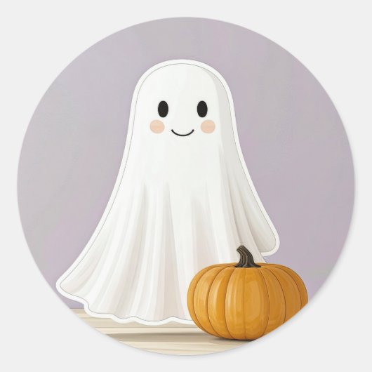 Schattig Lachende Geest met Pompoen Ronde Sticker (Voorkant)