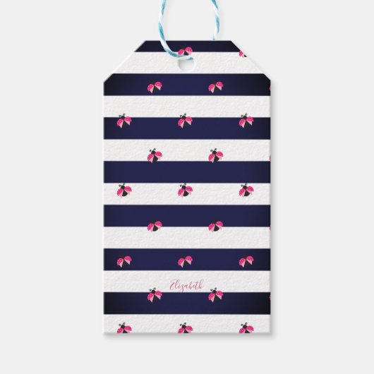 Schattig Ladybird Navy Blue Stripes Cadeaulabel (Voorkant)