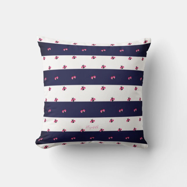 Schattig Ladybird Navy Blue Stripes Kussen (Voorkant)