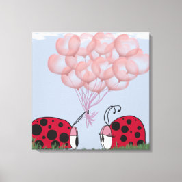Schattig Ladybug met roze ballon Bouquet Canvas Afdruk