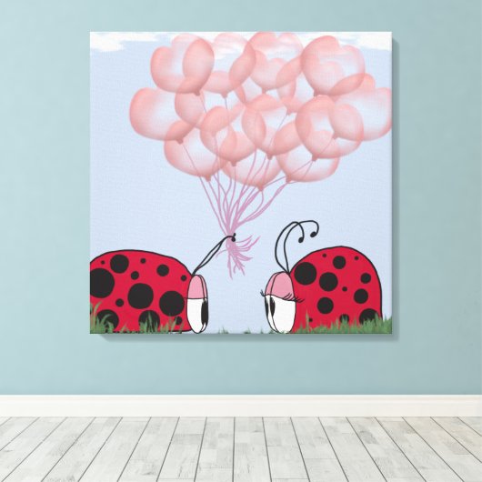 Schattig Ladybug met roze ballon Bouquet Canvas Afdruk (Insitu (Houten vloer))