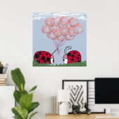 Schattig Ladybug met  roze ballon Bouquet Poster (Thuiskantoor)