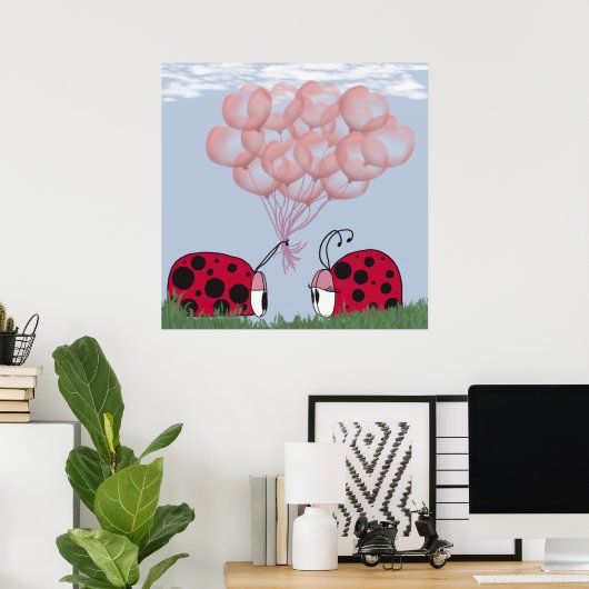 Schattig Ladybug met  roze ballon Bouquet Poster (Thuiskantoor)