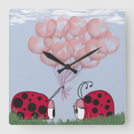Schattig Ladybug met roze ballon Bouquet Vierkante Klok