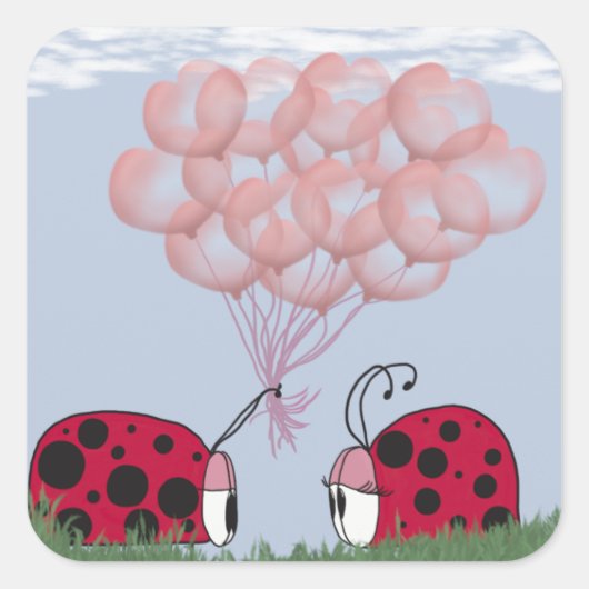 Schattig Ladybug met roze ballon Bouquet Vierkante Sticker (Voorkant)