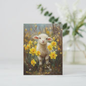 Schattig Lam Geel Daffodils Schilderij Briefkaart (Staand voorkant)