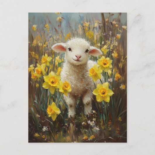 Schattig Lam Geel Daffodils Schilderij Briefkaart (Voorkant)