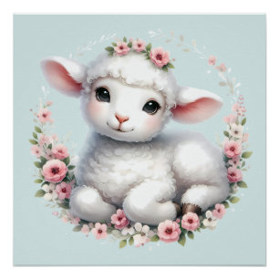 Schattig Lam met Bloemenkrans Illustratie Perfect Poster