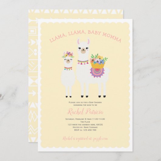 Schattig, Lama baby shower Kaart (Voorkant / Achterkant)