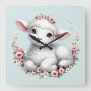 Schattig Lammetje met Bloemenkrans Illustratie Vierkante Klok