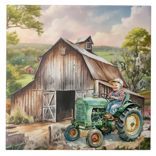 schattig land kind tractor tegeltje (Voorkant)