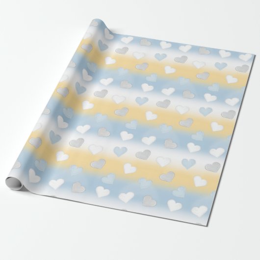 Schattig Leuk Geel, Wit en Blauw Hart Patterned Cadeaupapier (Uitgerold)