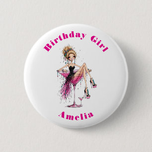 Schattig leuk meisje in een Martini Glas Verjaarda Ronde Button 5,7 Cm