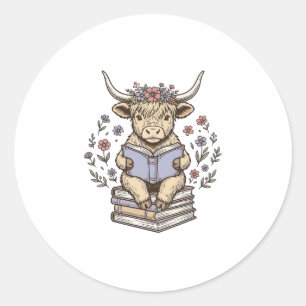 Schattig Lezend Koe Bloem Boek Stack Vintage Ontwe Ronde Sticker