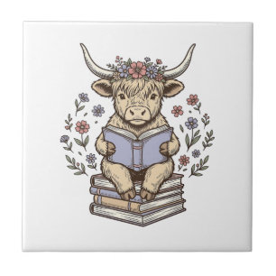 Schattig Lezend Koe Bloem Boek Stack Vintage Ontwe Tegeltje