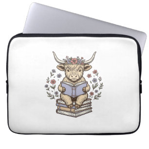 Schattig Lezend Koe Bloemig Boek Stack Vintage Ont Laptop Sleeve