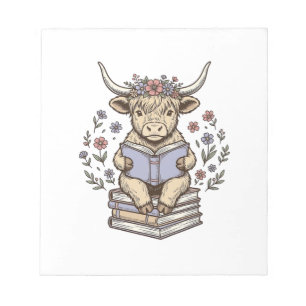 Schattig Lezend Koe Bloemig Boek Stack Vintage Ont Notitieblok