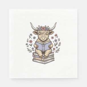 Schattig Lezend Koe Bloemig Boek Stack Vintage Ont Servet