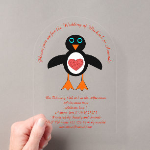 Schattig Liefdeshart Pinguïn Aangepaste Trouwdag Acryl Uitnodigingen