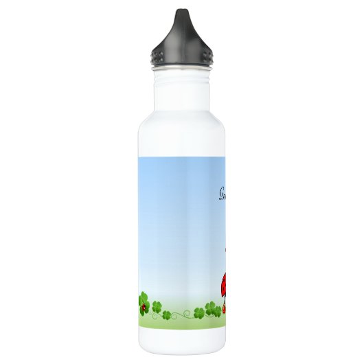 Schattig lieveheersbeestje, vier-blad klavers op l waterfles (Links)