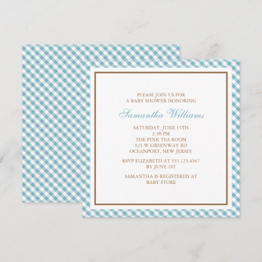 Schattig Light Blue Gingham Baby shower Kaart (Voorkant / Achterkant)