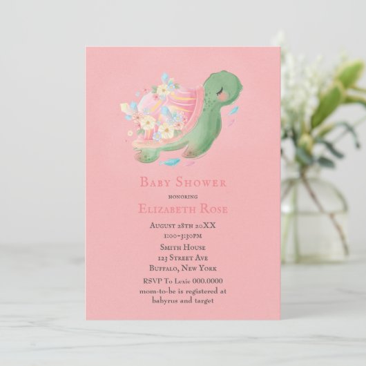 Schattig Little Turtle roze Baby shower Invitation (Staand voorkant)