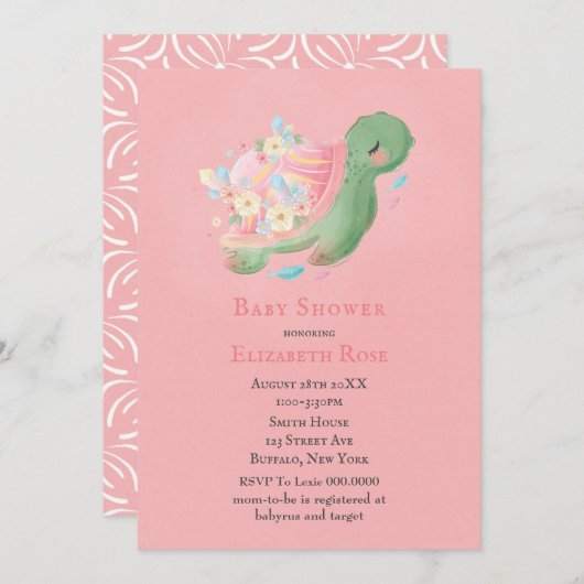 Schattig Little Turtle roze Baby shower Invitation (Voorkant / Achterkant)