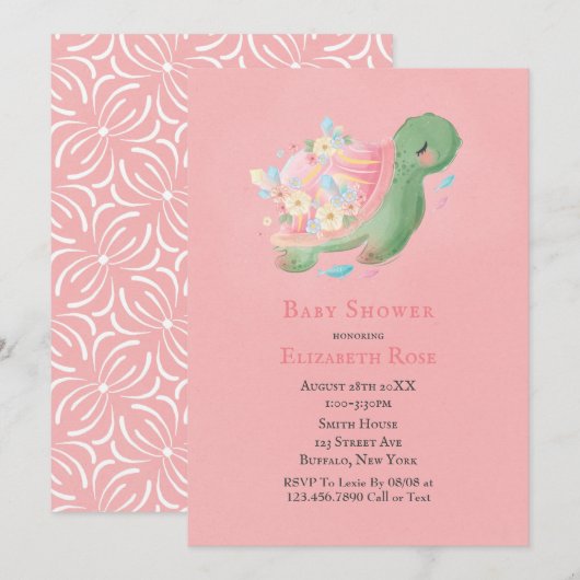 Schattig Little Turtle roze Baby shower Invitation Kaart (Voorkant / Achterkant)